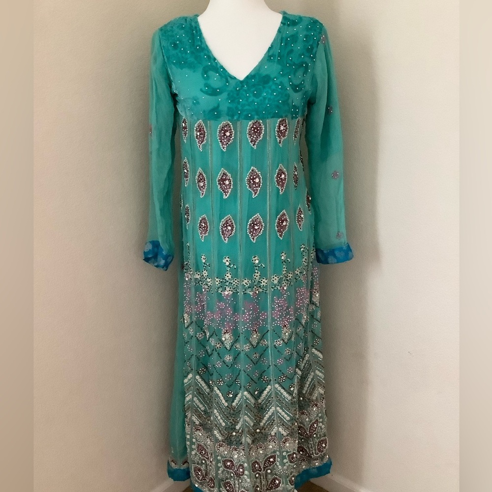 Blue decorated v neck afghan/pakistani dress set